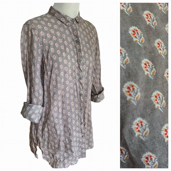 Garnet Hill Gray Floral 100% Linen Floral Button Down Blouse Size 4 - Picture 2 of 12